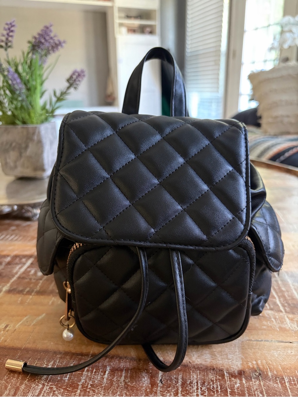 Claire's Quilted Black Mini Backpack with Pearl Charm